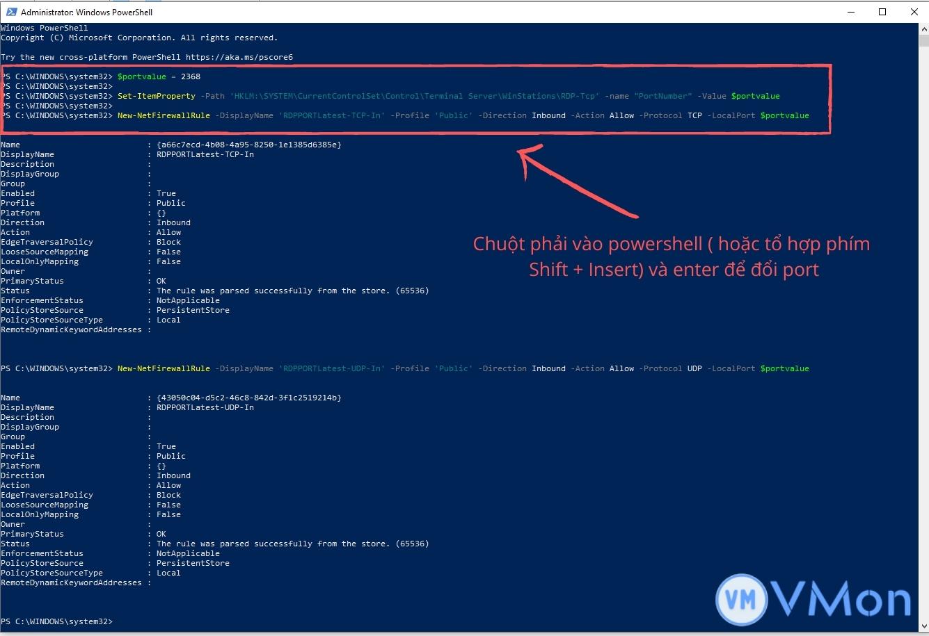 Đổi port remote desktop bằng powershell