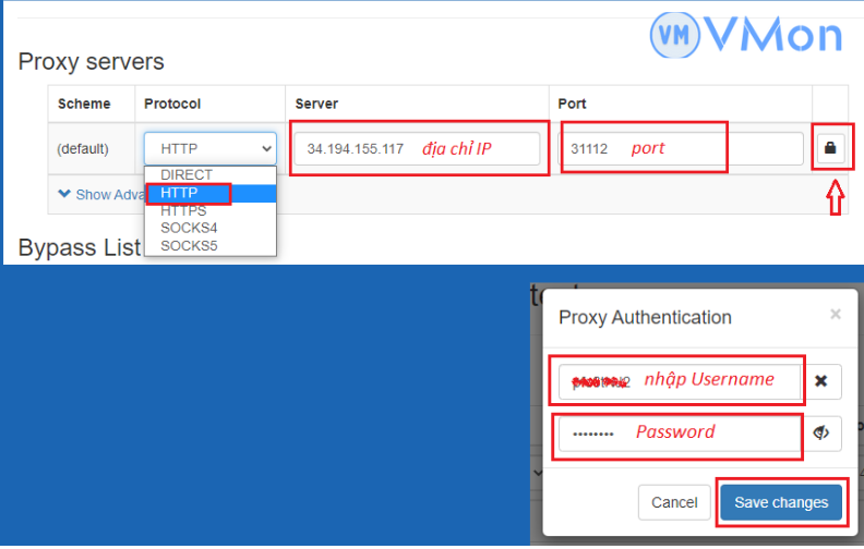 Lần lượt điền địa chỉ IP, Port của proxy, Username và Password như hình