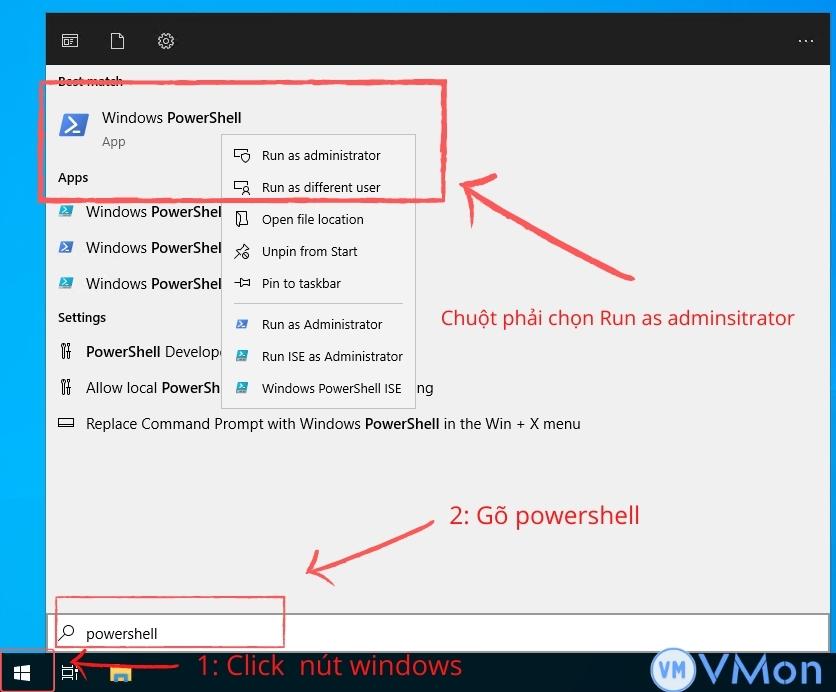 Mở powershell quyền adminsitrator Mở powershell quyền adminsitrator