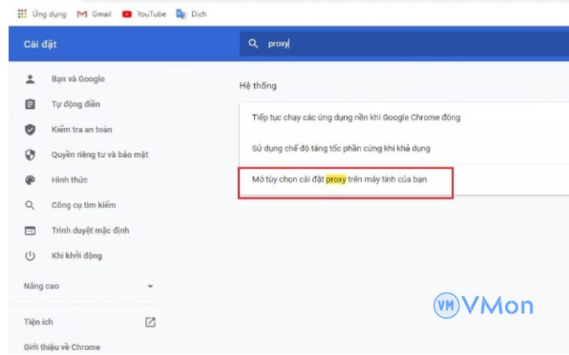Hướng dẫn cài Proxy cho Chrome trên VPS Windows siêu nhanh 18 Thực hiện thao tác mở tùy chọn như hình sau