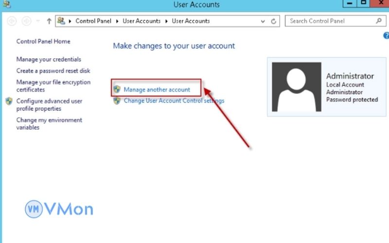 Hướng dẫn đổi mật khẩu VPS Windows 10 Chọn manage another account