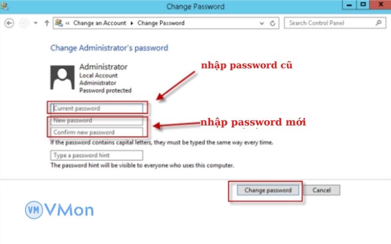 Hướng dẫn đổi mật khẩu VPS Windows 13 Chọn change password để kết thúc việc đổi pass vps