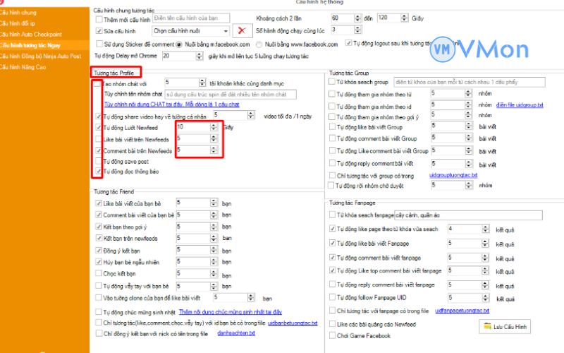 Sử dụng VPS treo phần mềm Ninja nuôi tài khoản Facebook 8 Thiết lập tương tác profile